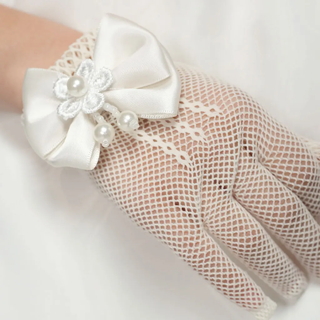 

Beige Flower Girl Fishnet Bow Pearl Gloves Formal Communion Wedding Party