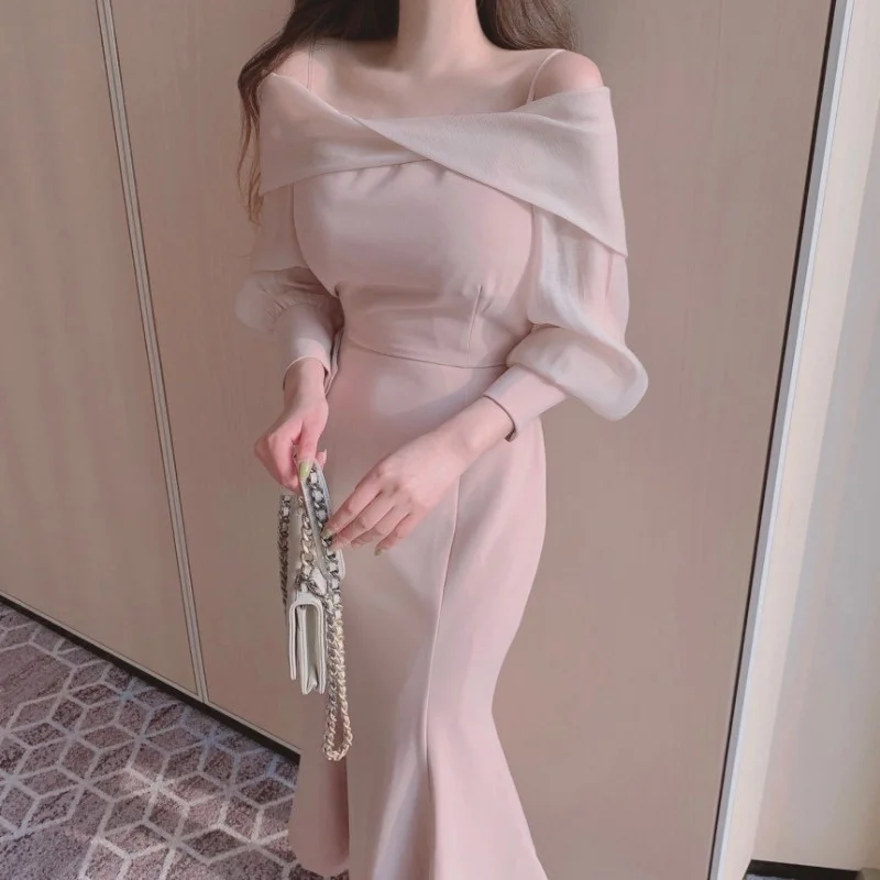 

Korean Fishtail Dress Chic Spring Lantern Sleeve Skirt