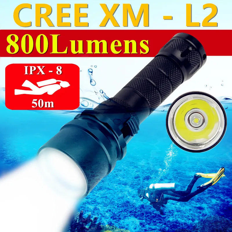 XM-L2 Профессиональный Подводный фонарь для дайвинга, 50 м, IPX8, водонепроницаемый светодиодный фонарик для дайвинга, уличный фонарь для кемпин...