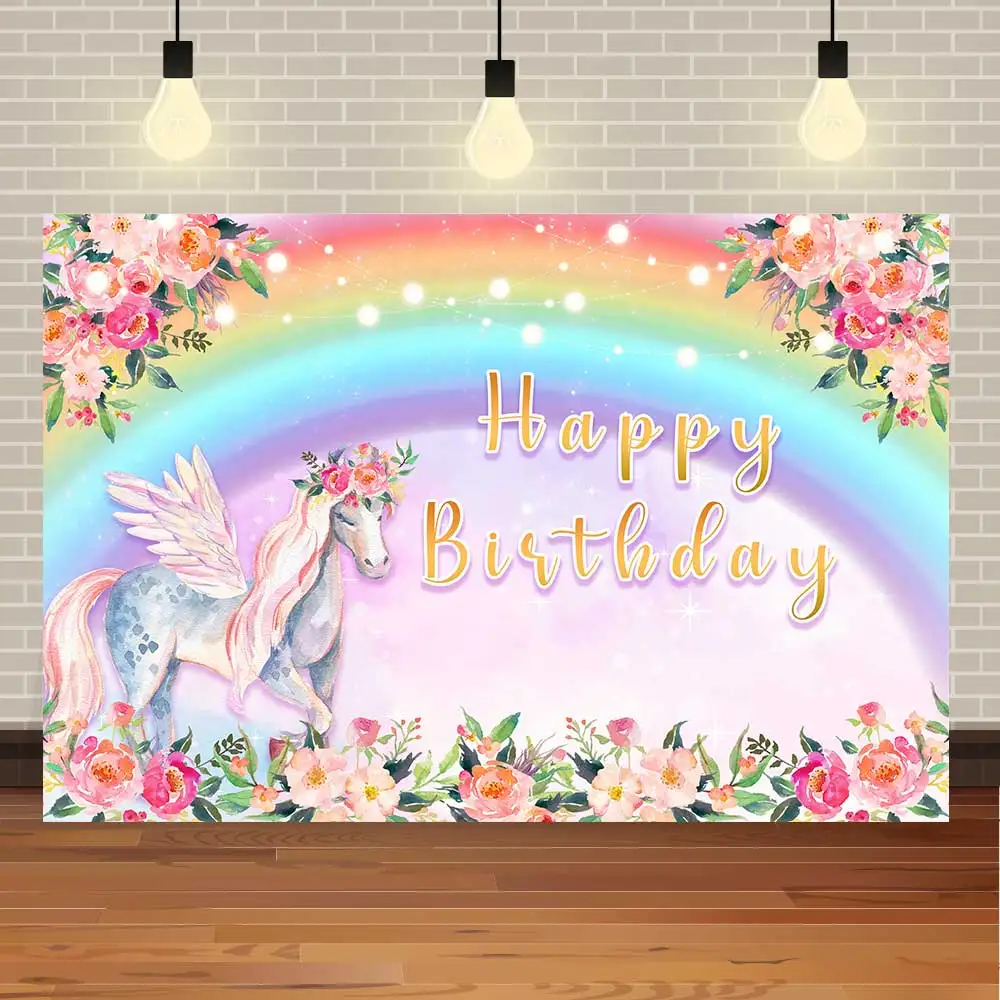 

NeoBack Happy Birthday Watercolor Flowers Cowgirls Horse Pony Unicorn Golden Glitter Party Photo Backdrop Photography Background