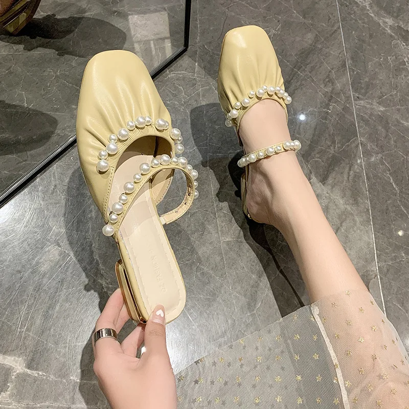 Женские туфли Baotou на толстом каблуке удобные с белым жемчугом со складками