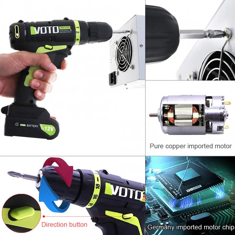 

VOTO AC US 100 - 240V Cordless Lithium Battery 12V Electric Screwdriver with Rotation Adjustment Switch for Handling Screws