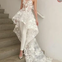 myyble sexy new bohemian white jumpsuits wedding dresses long train 2020sweetheart lace 3d floral appliques bridal gown no pants