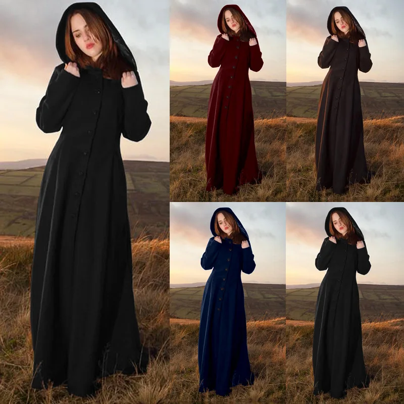 

Medieval Vintage Steampunk Floor Length Hooded Coat Robe Women Slim Solid Gothic Witch Maxi Gown Halloween Party Costume Outwear