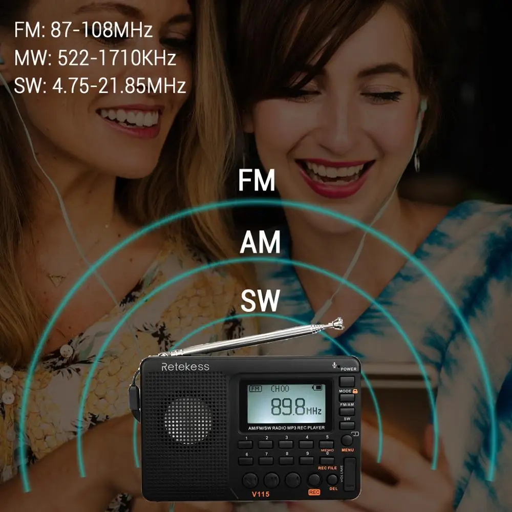 RETEKESS V115 радио FM AM SW портативный Радио Карманный с USB MP3 цифровой рекордер поддержка Micro SD TF карты таймер сна подарок