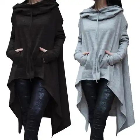 Autumn Hoodie Plus Size Women Asymmetric Hoodie Solid Color Long Sleeve Hem Fishtail Hoodie Sweatshirt Pullover Top Loose