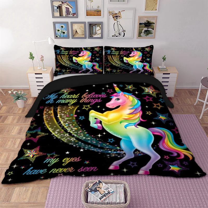 

Cartoon Duvet Cover Rainbow Unicorn Fairytale with Sparkling Stars 3D Digital Printing Bedding Sets Black Background
