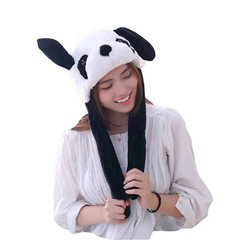 Panda Headgear With Ears Moving Hood Hat Plush Toy Birthday Stuffed Cap Gift