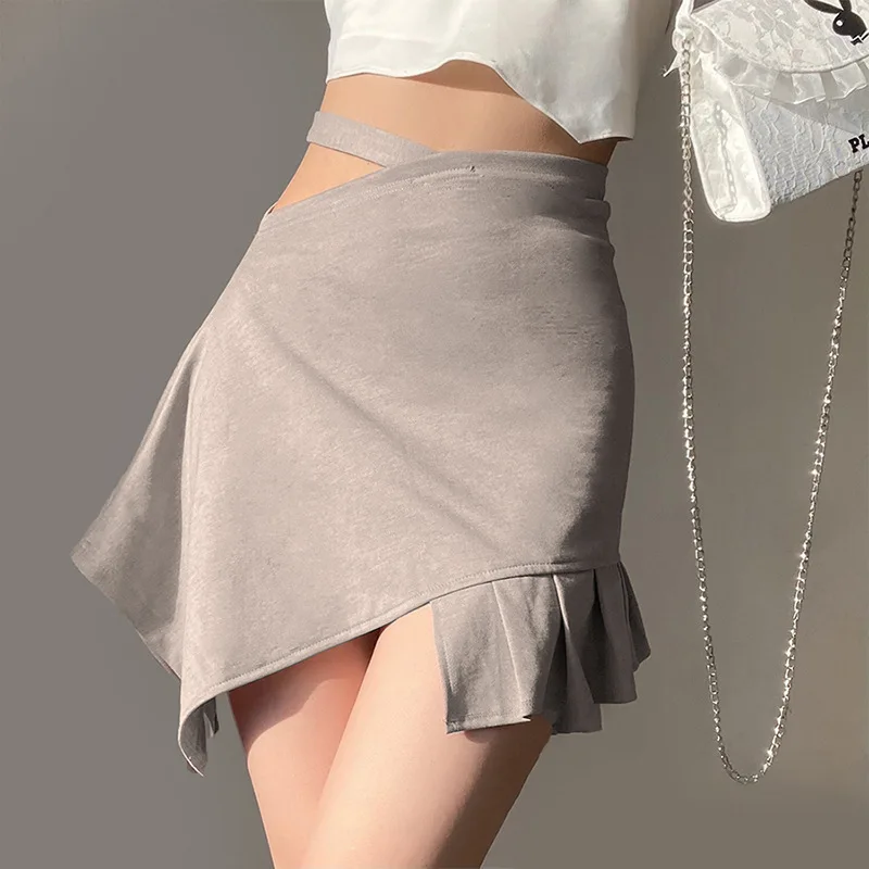 

2021 New Women Casual Close-fitting Skirt Khaki Solid Color Irregular Pleated Hem Hollow Out Dress