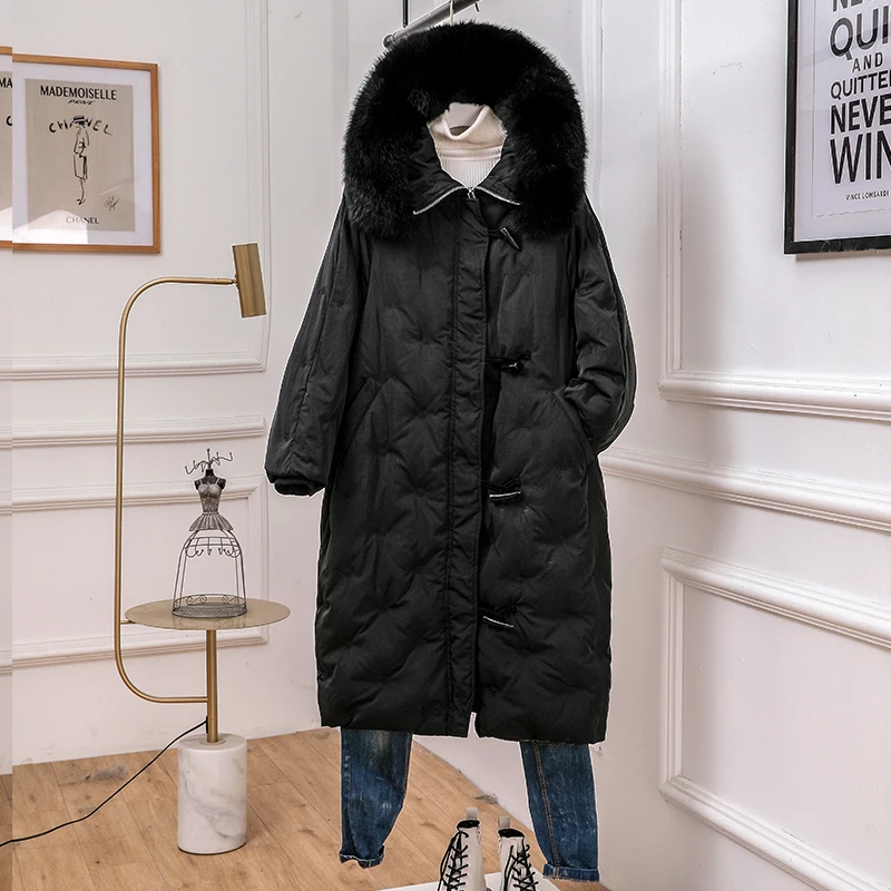

JCHB 2021 Real fox fur collar hood warm thick white duck down coat Women's autumn winter down jacket long cow's horn button siz