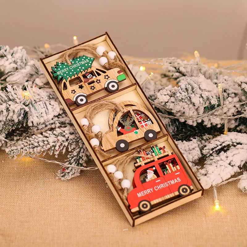 

9pcs/box Christmas Car Wooden Pendants Xmas Tree Hanging Ornaments Christmas Decorations Noel Navidad Decor for Home Kids Gift