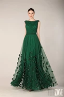 fashionable elegant dress emerald green tulle long a line cap sleeve flower evening dress prom red carpet gown 2020
