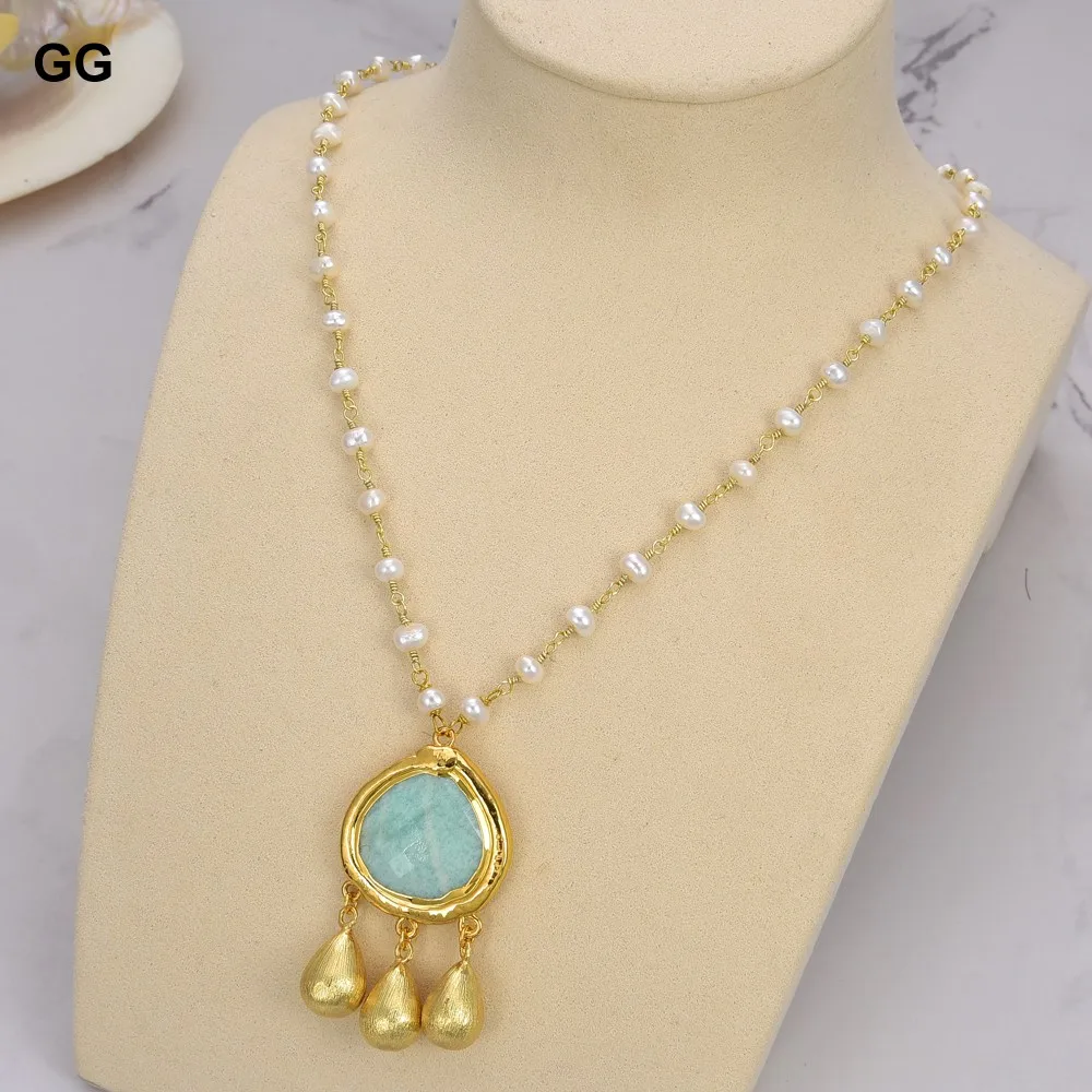 

GuaiGuai Jewelry Natural Freshwater White Pearl Necklace Blue Amazonites Pendant necklace 18" For Women