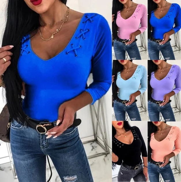 Hot Sale New Arrival 2022 Autumn Fashion Solid Color Eyelet Rope Long Sleeve Casual Women's T-Shirt