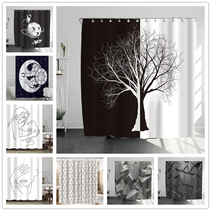 

Black And White Tree Shower Curtains Nordic Style Bathroom Waterproof Curtains Set With Hooks Home Decoration 3D Bath Curtain