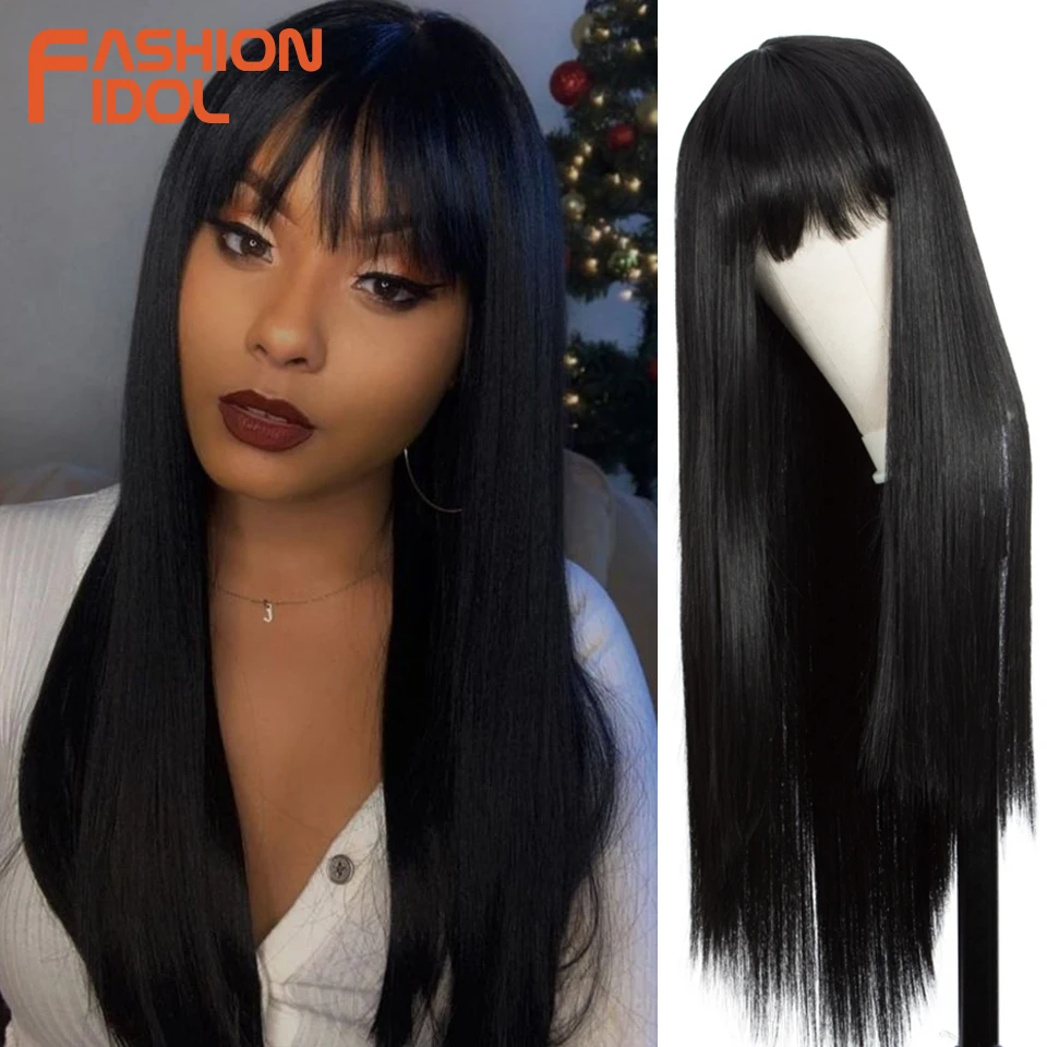 

FASHION IDOL 32 Inch Long Straight Fake Hair Synthetic Wigs For Black Women Ombre Blonde Heat Resistant Fiber Bangs Cosplay Wig