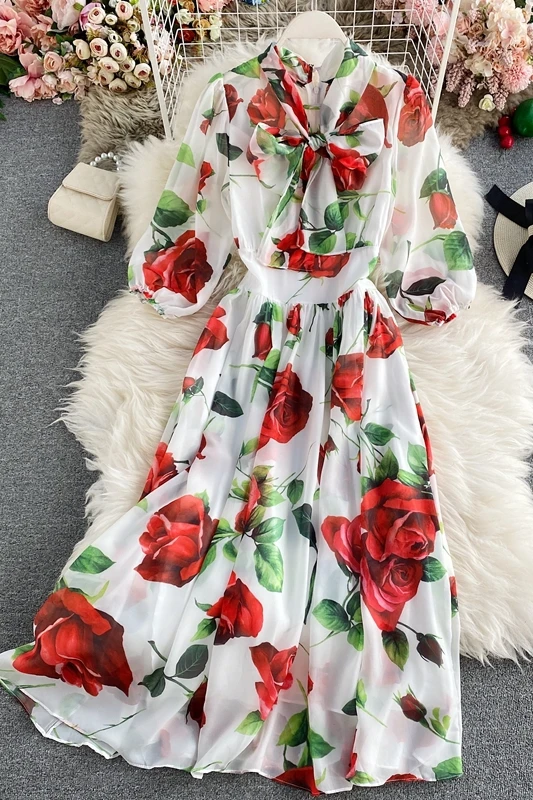 

Spring Autumn Boho Flowers Long Lantern Sleeve Bow Collar Long Dress Women's Elegant Streetwear A Line Dress Casual Vestidos