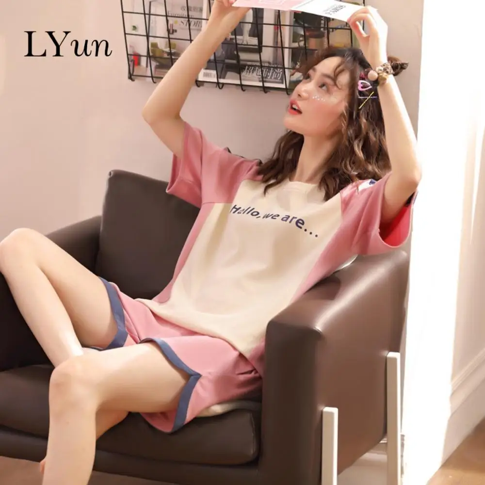 Пижамы с короткими рукавами женские летние хлопковые корейские тонкие шорты для