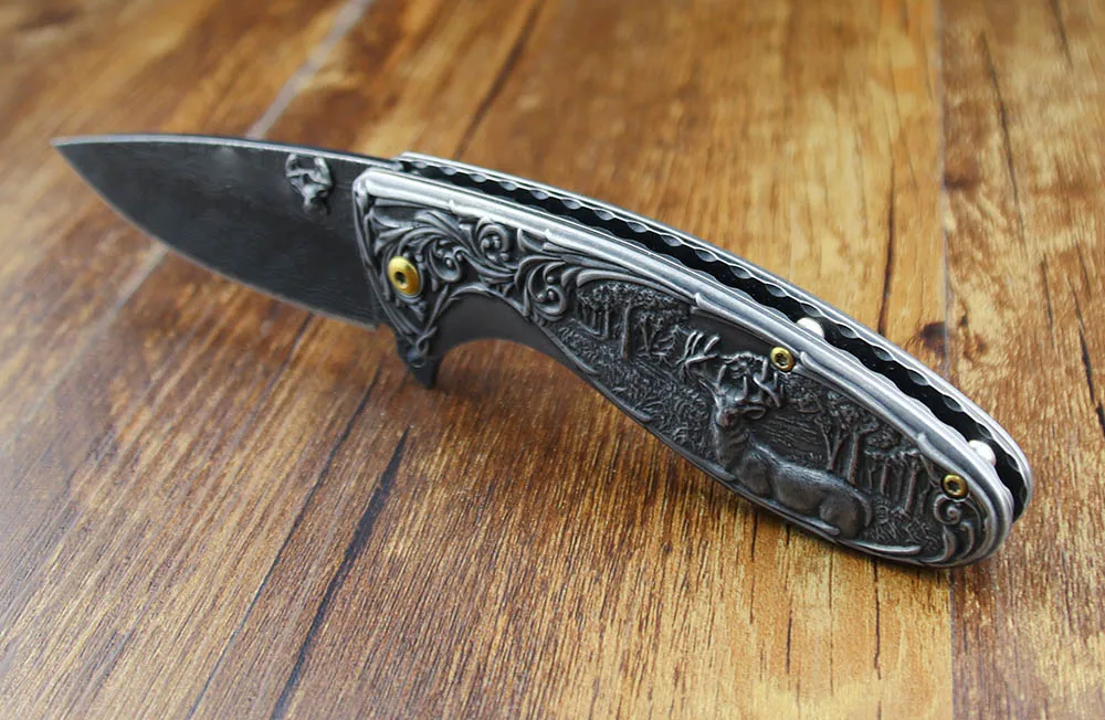 Tactical Folding Blade Utility Knife - Stonewash 3d Deer Engraved Collection |