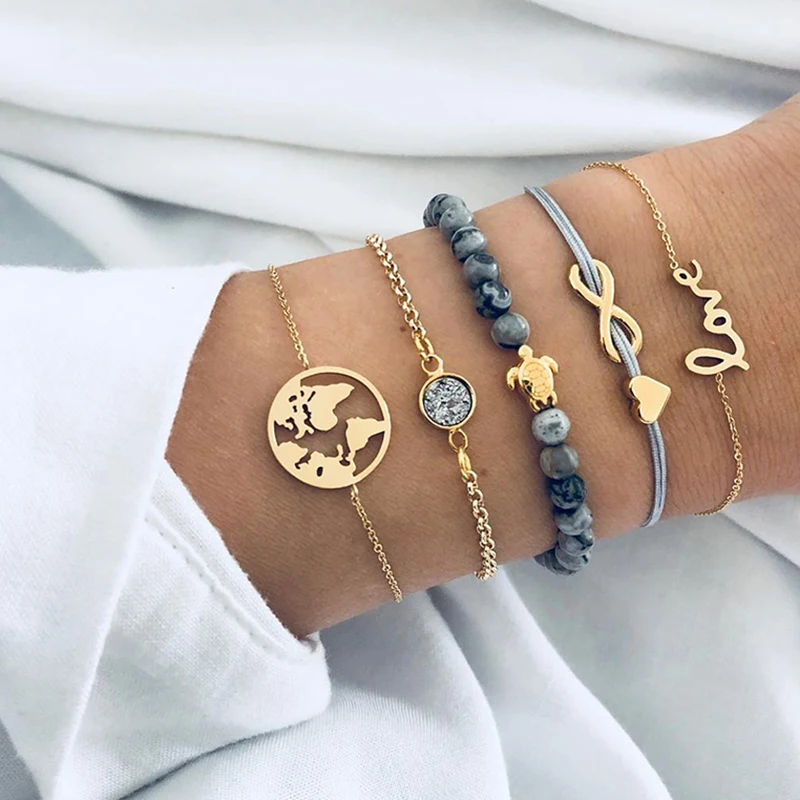 5 PCS/Set World Map Tortoise Bead Charm Bracelets for Women Mental Heart Bracelet&ampBangle Hand Accessories Party Jewelry c005 | Украшения