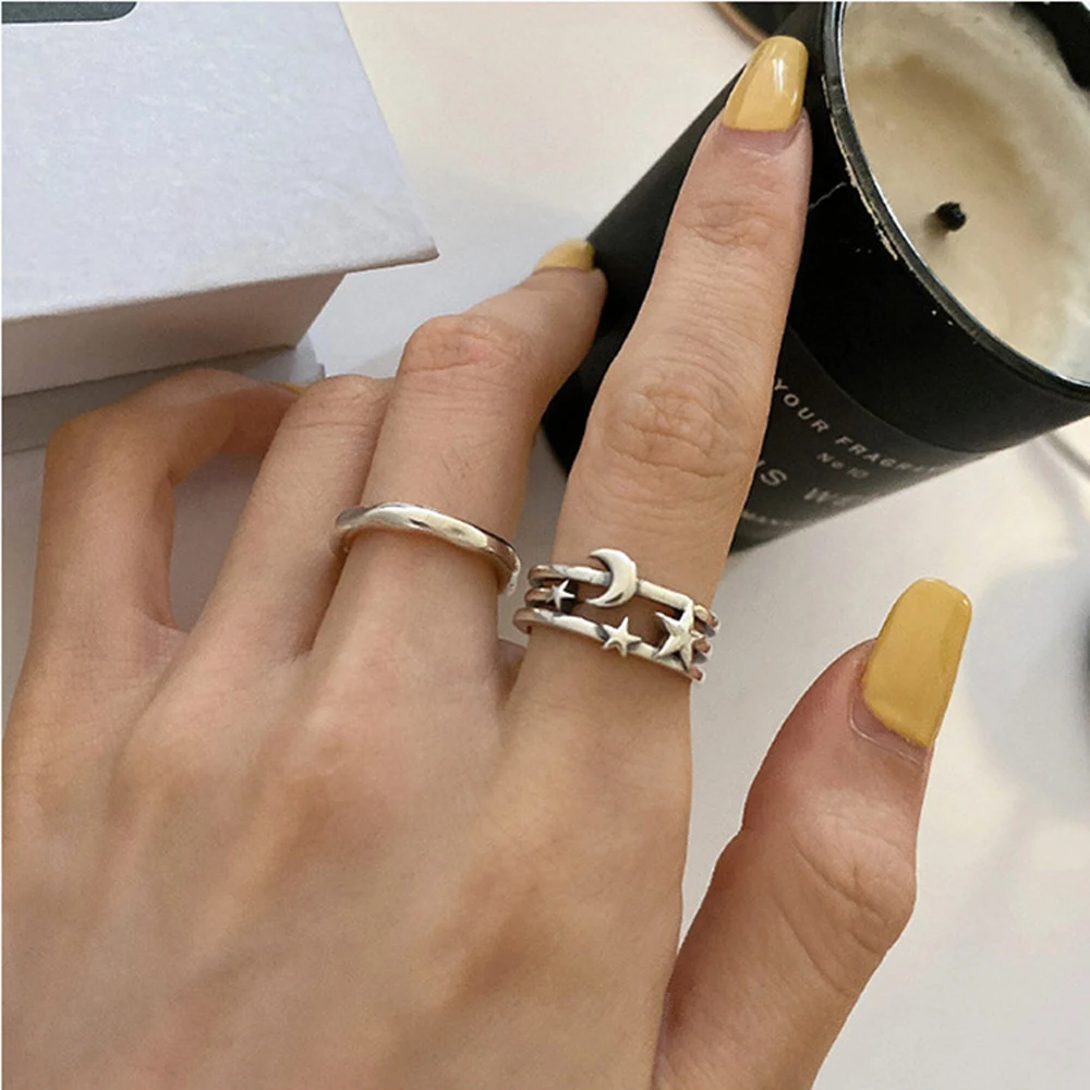 

Hip Hop Rock Moon Rings Contracted Geometric Stars Irregular Street Snap Ring Finger Ring Female Engagement Gift
