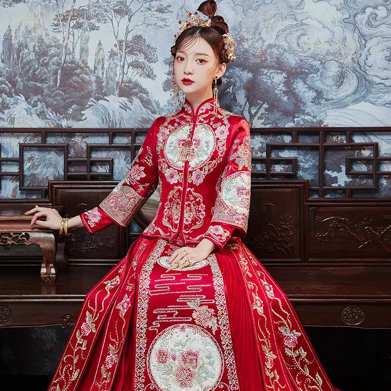 

New Chinese Style Wedding Dress Cheongsam High Quality Embroidery Bride Costume Oriental Marrige Set Exquisite Marriage Gift