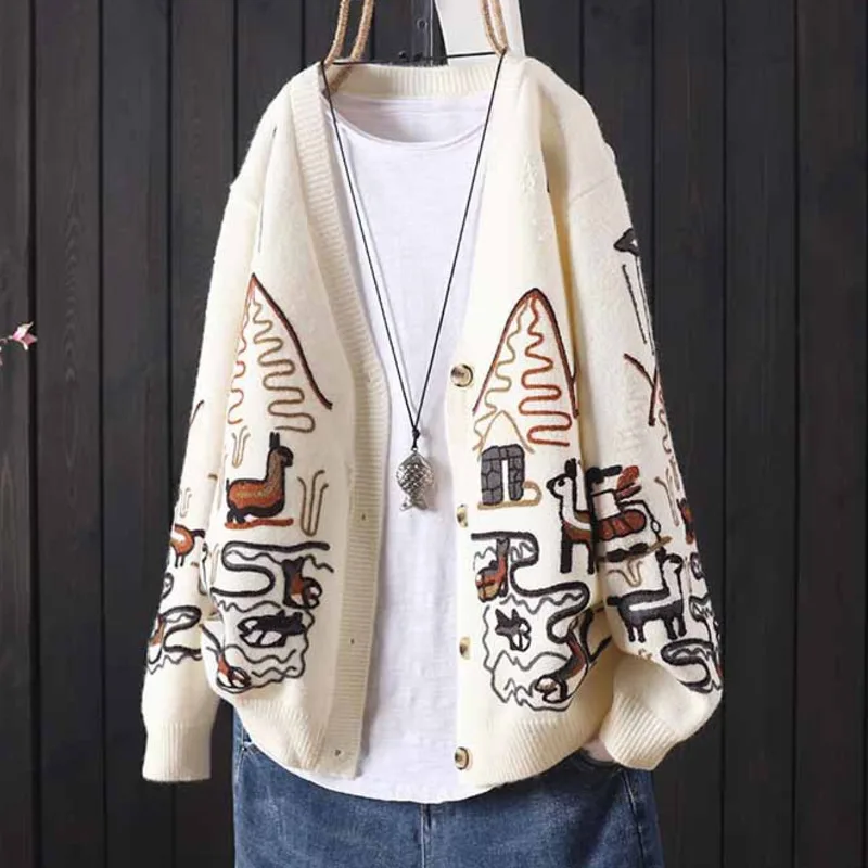 

Urifens 2021 новая осенняя и зимняя куртка свободные литературный, свитер с треугольным вырезом и длинными рукавами, с декоративной вышивкой вяз...