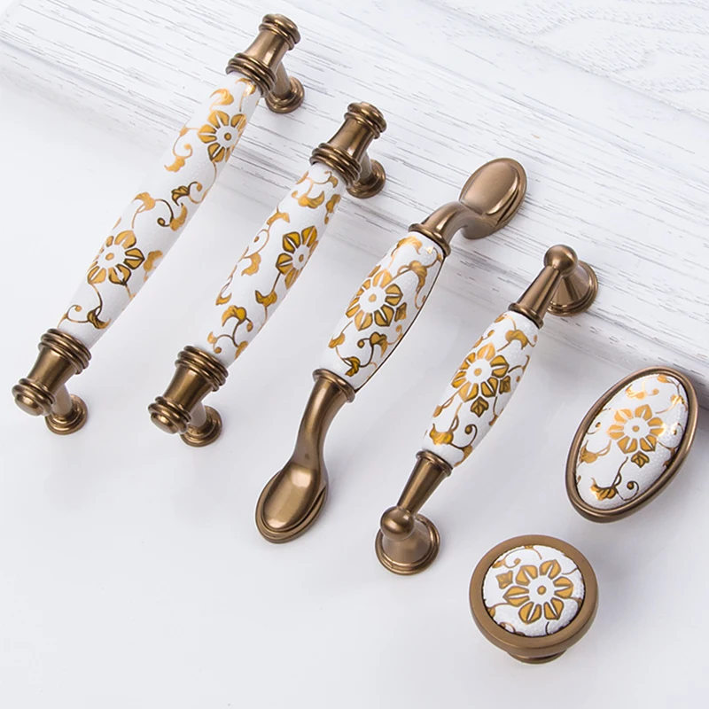 

Gold Flower Ceramic Kitchen Cupboard Handles Antique Furniture Handles Desk Drawer Pulls Bathroom Cabinet Knobs and Handles