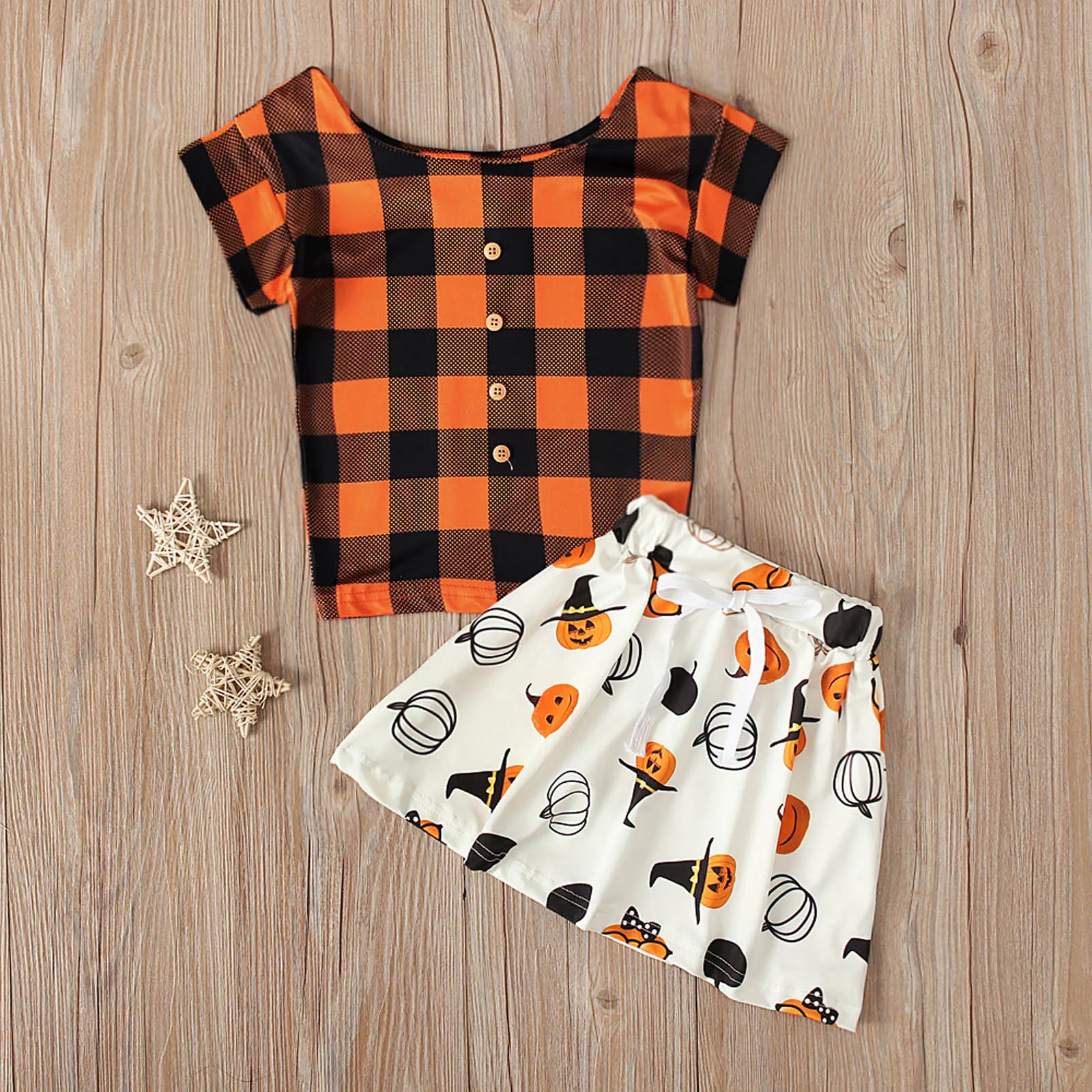 

Toddler Baby Girls Halloween Outfits Plaid Short Sleeves Tops Cartoon Print Skirt Kids Spring Autumn roupa infantil menina 2021