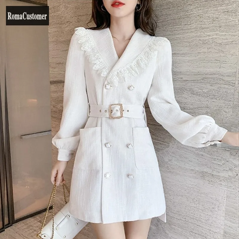 

New Fashion Elegant Slim Tweed Suits Dress Turn-Down Collar Double Breasted Long Sleeve Sashes Korean Female A-Line Dress