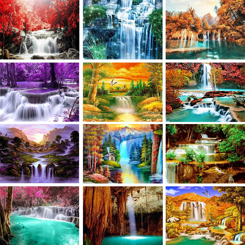 

5D Poured Glue Diamond Painting Kits Scalloped Edge Full Round Drill Landscape Waterfall Decoration Gift Embroidery Mosaic Gift
