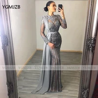 luxury grey evening dresses long sleeves 2020 mermaid sequined crystal dubai arabic formal dress evening gown abendkleider
