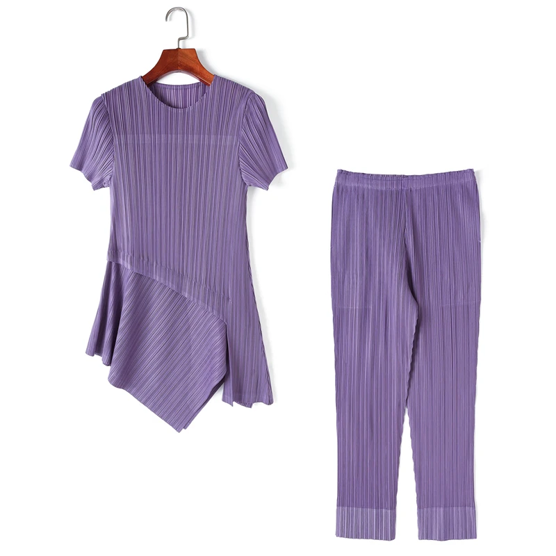 Pant Suits Women's Summer Elastic Miyake Pleated Two Piece Set Round Neck Short Sleeved Irregular Top + Split Straight Trousers
