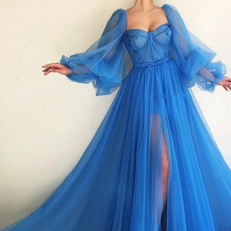 

FDHAOLU Blue Prom Dresses Long Puffy Sleeve Tulle Backless Formal Evening Party Gowns Beauty Pageant Dresses 2021 Custom Made