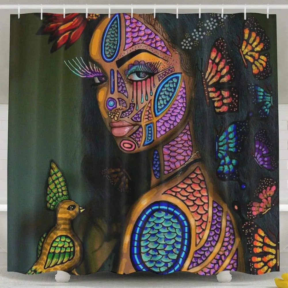 

African American Black Women Afro Tattoo Bath Curtains