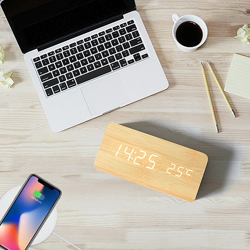 USB/AAA питание светодиодный Деревянный Будильник WatchTable часы голос Управление