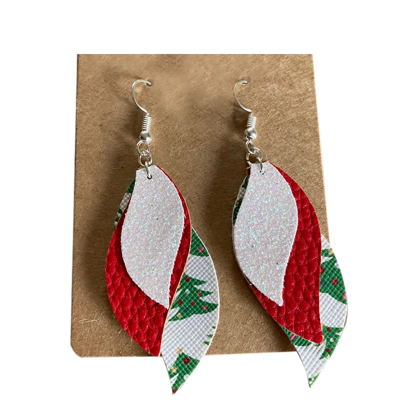 Большие тройные новые серьги с принтом в виде рождественской елки и перьев