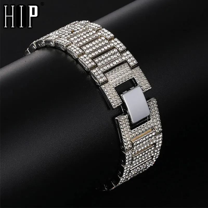 Хип хоп Iced Out Bling Band Link браслеты с цепочкой полностью Стразы золотые часы для