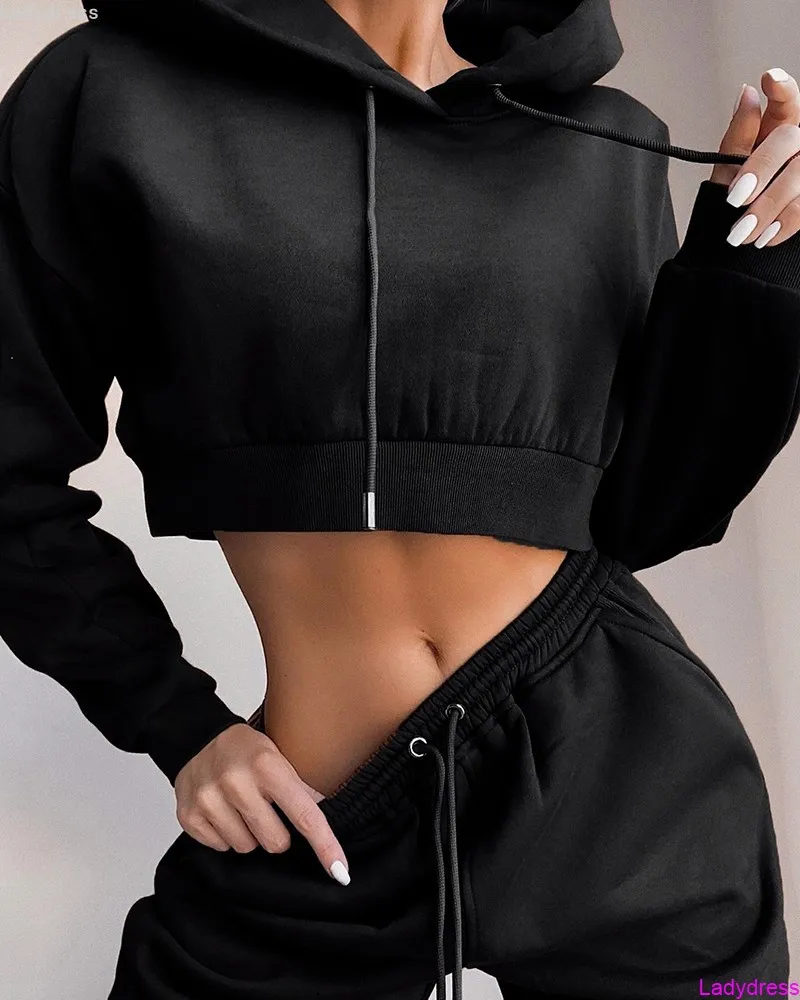 

2020 Hot selling Women 2 piece outfits pants sweat suits for ladies crop top hoodie and jogger sets