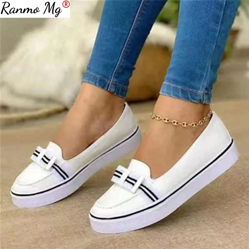 

2021 New Women's Solid Color PU Ribbon Decoration Round Toe Flat Heel Platform Comfortable Fashion Casual All-match Loafers 43