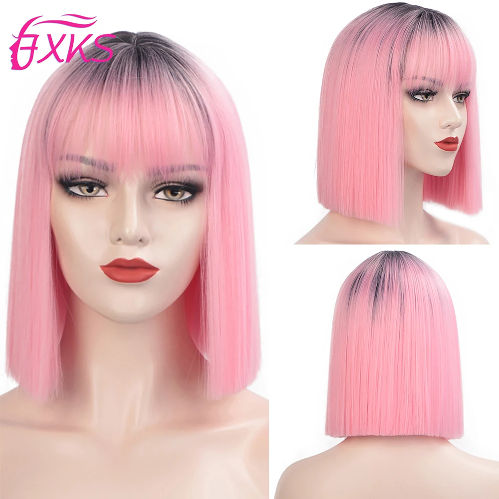 

FXKS розовые синтетические волосы омбре с челкой розовые синие фиолетовые прямые волосы синтетические волосы боб парики для женщин ежедневн...