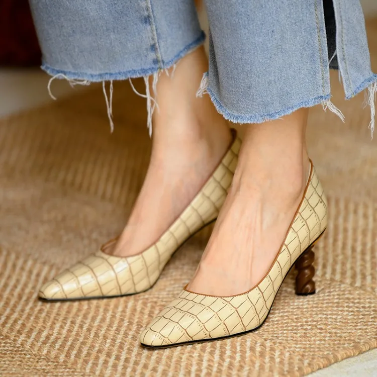 

MLJUESE 2021 women pumps Cow leather autumn spring square toe brown color slip on high heels party dress wedding