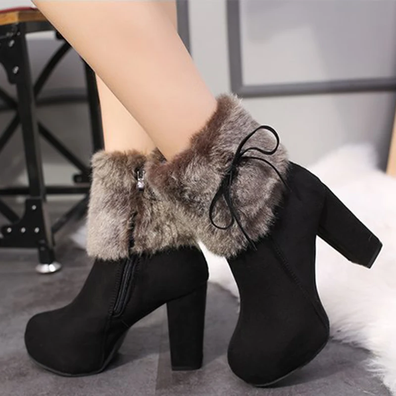 

Women High Heel Ankle Boot 2021Winter Women’s Shoes Faux Fur Warm Plush Women Boots Square Chunky Heels Thick-soled Women Boots