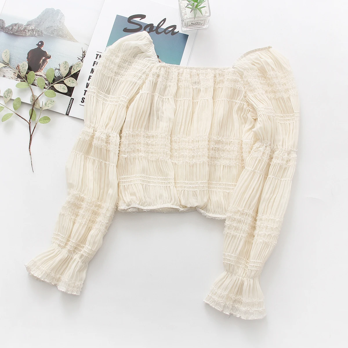 

Houthion The New Summer Long Sleeve Blouse Square Collar Short Comfortable Fashion Leisure Women Tops Chiffon