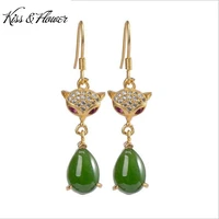 kissflower er280 fine jewelry wholesale fashion woman bride girl mother birthday wedding gift fox jade 24kt gold drop earring
