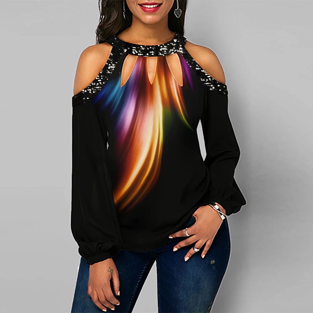 Женская футболка с длинным рукавом и блестками принтом|Футболки| |