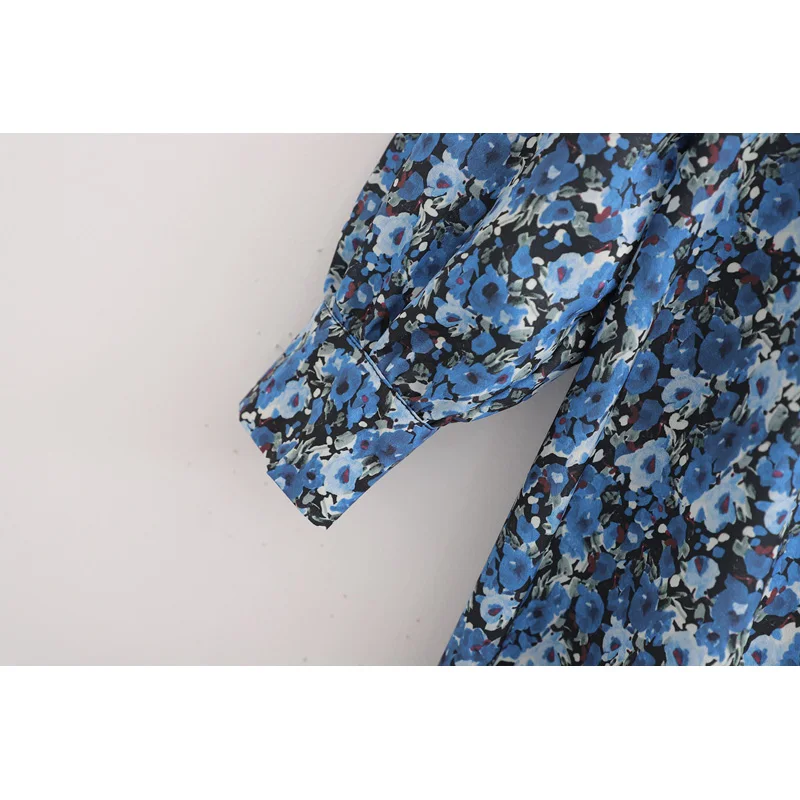 Женское атласное платье миди za синее Свободное с цветочным принтом и