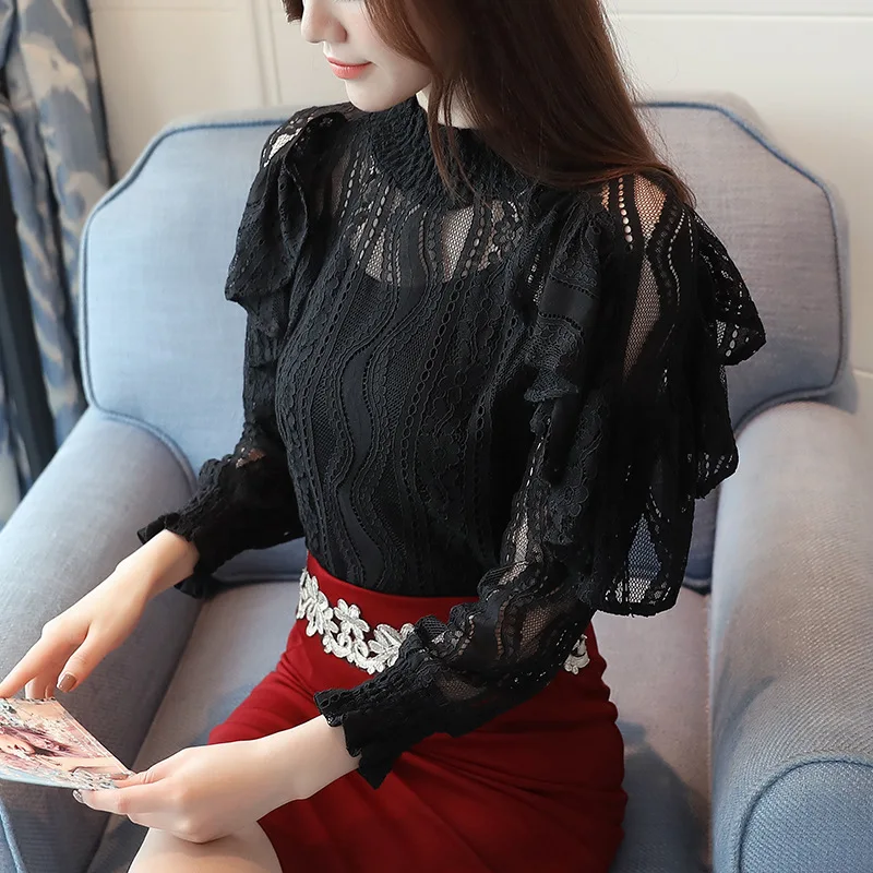

2021 Spring Korean Version of Thin Long-sleeved Super Fairy Blouse Lantern Sleeve Lace Shirt Bottoming Shirt Women Clothing