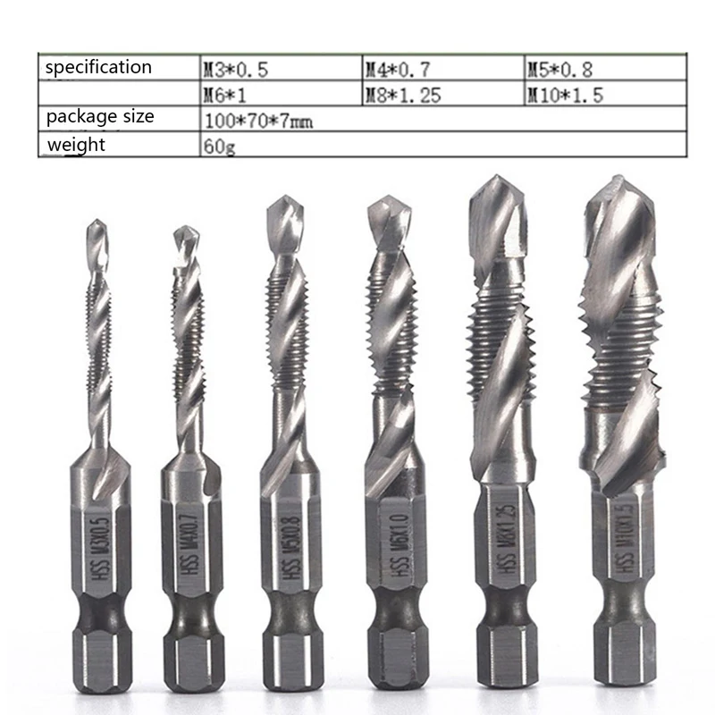 

Screw Tap Drill Bits Hss Taps Countersink Deburr Set Metric Combination Bit High Speed Steel 1/4 IN Hex