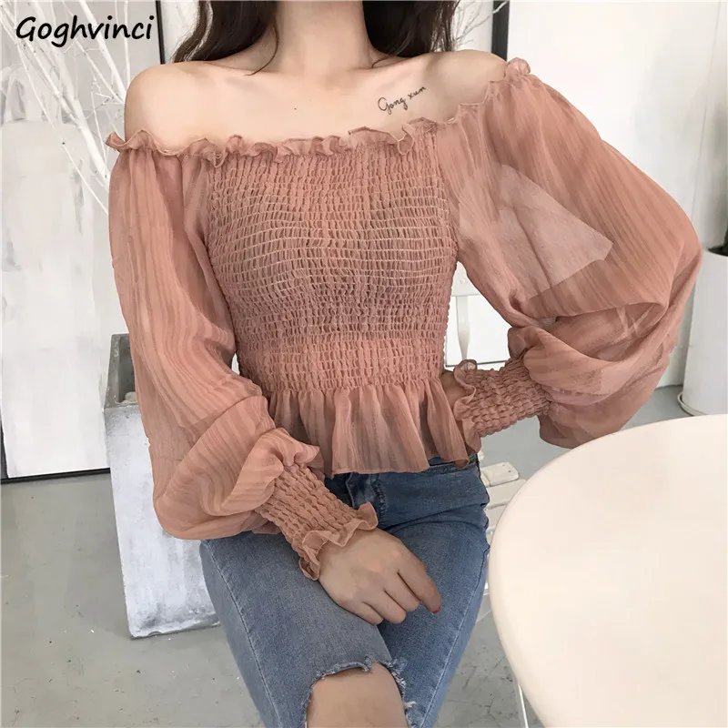 Женские рубашки с вырезом лодочкой и открытыми плечами пикантные шифоновые